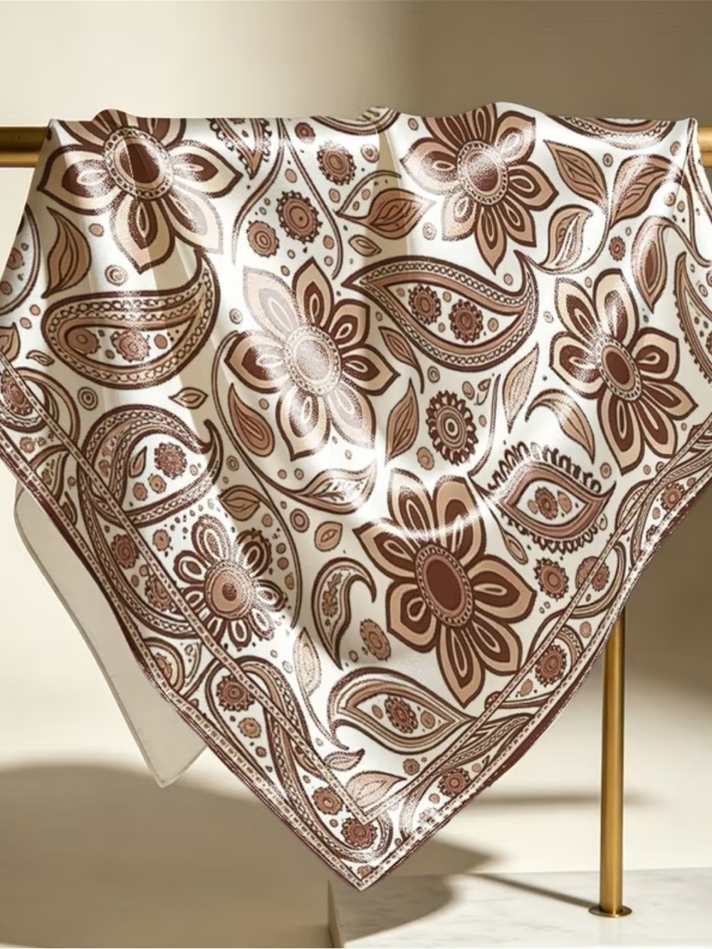 Paisley Floral Satin Scarf in Brown and Cream